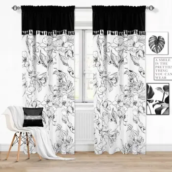 Zasłona boho kwiaty biała czarna 250x145cm