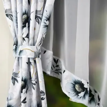 Firana gotowa woal 2 zasłony szaro białe kwiaty 160x400cm