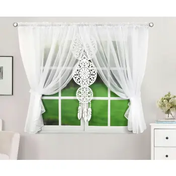 Krótka biała firana woal 150x400 z łapaczem snów panel 130x40